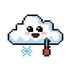 Fototapeta premium Cute Smiling Cloud With Snowflakes Winter Pixel