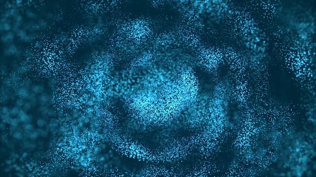 Live Neon Animated Blue Background with Moving Rings, Circles, Particles, Dots. Rising Air Bubbles on Water. Logo Frame. Rotating Spheres, Galaxy Formation, Pure Energy Circle, Glow Rays. 4K. 