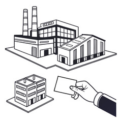 Obraz premium Black and white of industrial buildings and hand holding card