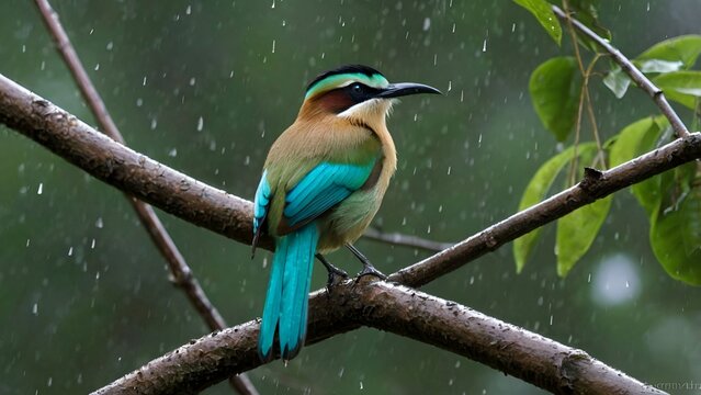  a Turquoise-browed Motmot as it sits calmly on a damp branch