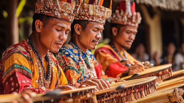 Three Men in Traditional Attire Play Musical Instruments Together.