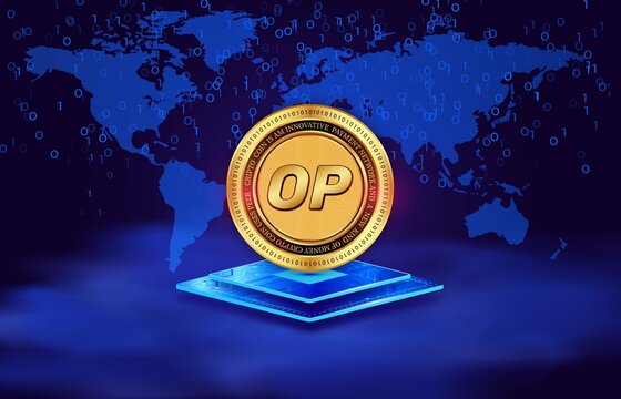 Images of optimism-op cryptocurrency on digital background. 3d illustrations.