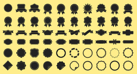 Fototapeta premium Collection of various vintage and decorative black badge and label designs on yellow background.