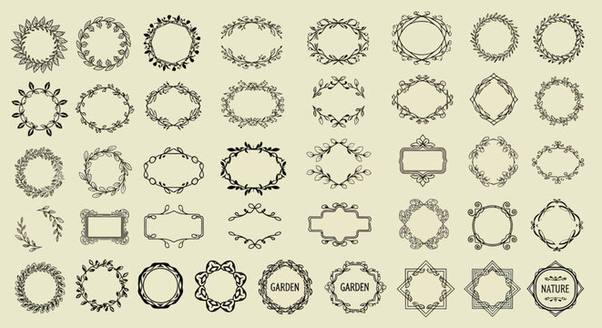 Collection of vintage botanical and floral wreaths and frames in black and white.