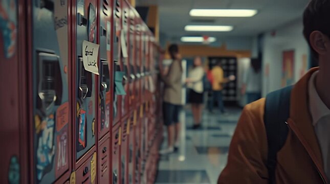 High school students walking past lockers in a corridor.