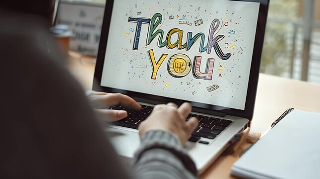 Person typing on laptop with thank you message on screen.