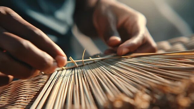 Hands weaving a basket with thin wooden strips