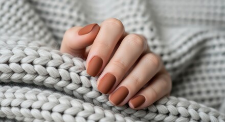 Woman's hand with stylish brown manicure on knitted sweater