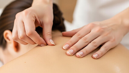 Naklejka premium Close-up of acupuncture treatment on a persons back, focusing on holistic health and wellness.