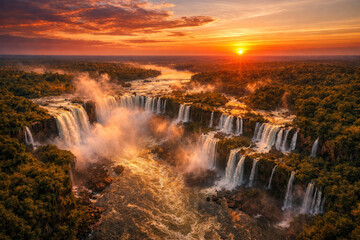A high aerial view of Iguazu Falls, the massive waterfalls cascade powerfully through the lush rainforest. The scene is bathed in vibrant sunset lightm orange, red, and pink tones across the sky.