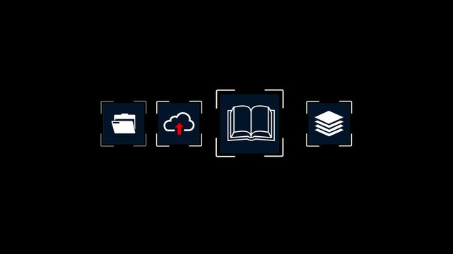 A person using digital pen on laptop with document, folder, book, and cloud upload icons. Concept of digital document management, knowledge base, e-library, cloud storage and online learning. 4k