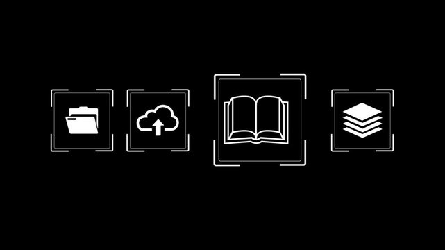 A person using digital pen on laptop with document, folder, book, and cloud upload icons. Concept of digital document management, knowledge base, e-library, cloud storage and online learning. 4k