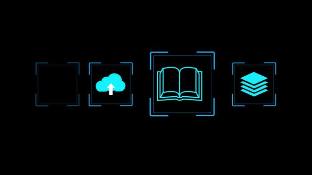 A person using digital pen on laptop with document, folder, book, and cloud upload icons. Concept of digital document management, knowledge base, e-library, cloud storage and online learning. 4k