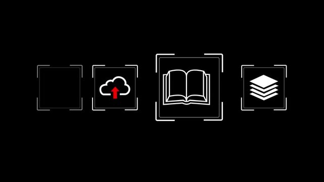 A person using digital pen on laptop with document, folder, book, and cloud upload icons. Concept of digital document management, knowledge base, e-library, cloud storage and online learning. 4k