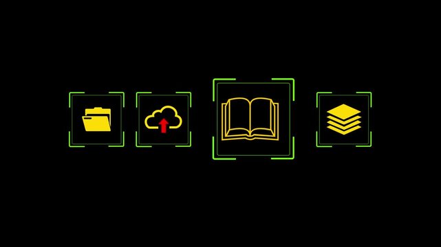 A person using digital pen on laptop with document, folder, book, and cloud upload icons. Concept of digital document management, knowledge base, e-library, cloud storage and online learning. 4k