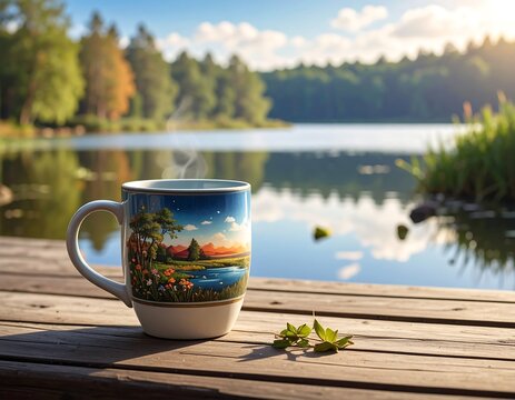 Steaming mug adorned with scenic nature view, rests on sunlit wooden planks against a blurred lake backdrop