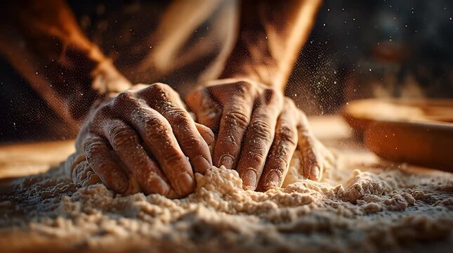 Hands kneading flour on a wooden surface.