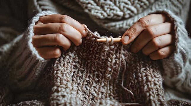 Person knitting a beige knitted fabric with wooden needles.