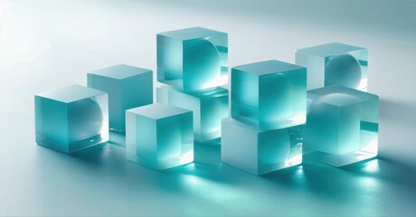 Obraz premium Blue cubes stacked, illuminated. Minimalist composition, soft lighting, geometric shapes create abstract scene. Clean aesthetic.