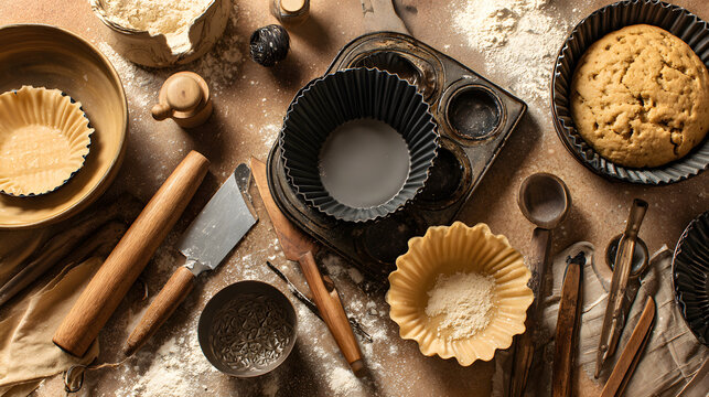 Artisan baking workstation with floured tools rolling pin pastry cutter and baking tins creating rustic bread and pastry warmth