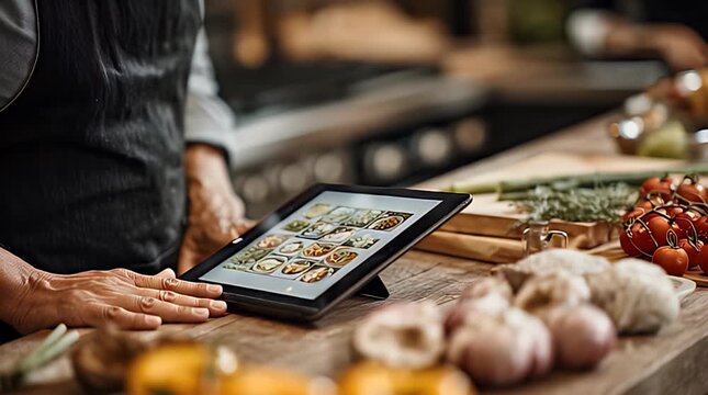 Chef using digital tablet to plan recipe in a professional kitchen.