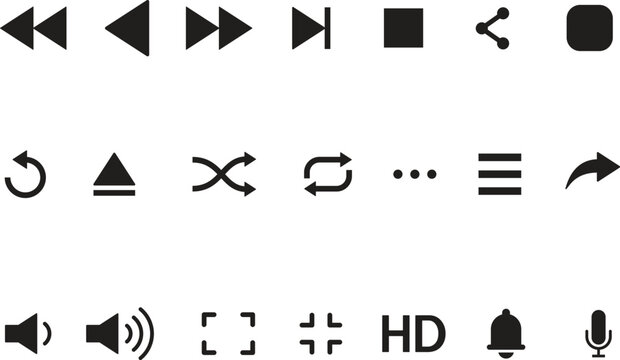 media player control icons. Play, pause, stop, record, navigation, and eject symbols. 