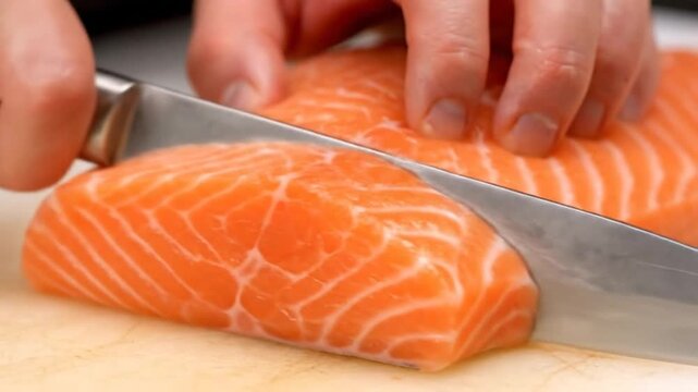 Close up of a chef slicing fresh salmon fillet on a cutting board with a sharp knife.