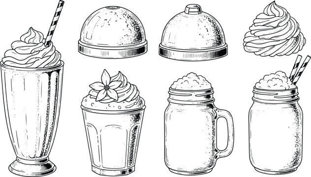 Vintage Engraved Milkshake Glass and Smoothie Cup Illustration Collection