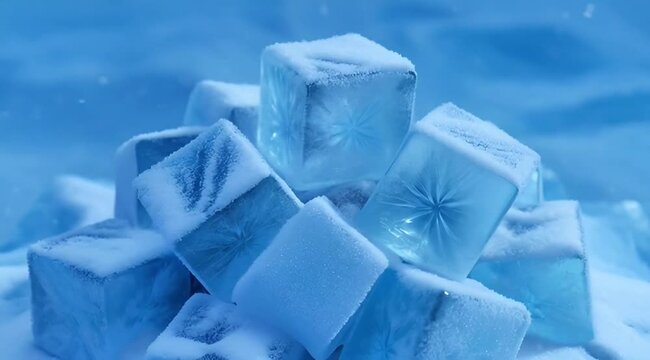 Frozen blue ice cubes with frost texture, pile of crystal clear square ice blocks, cold winter background for beverage and refreshment advertising