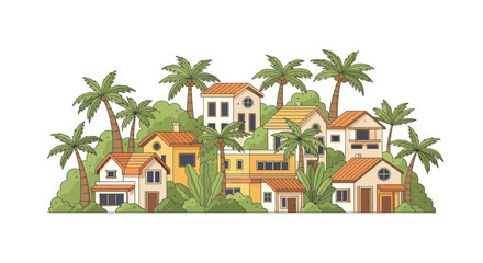 Charming Tropical Village with Palm Trees and Colorful Houses © Rizal