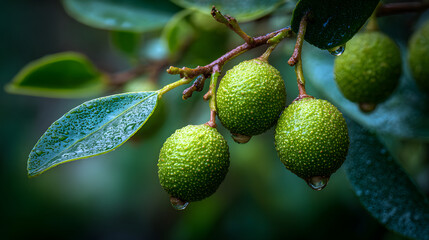 Fototapeta premium Finger lime fruit branch green citrus skin natural outdoor wet dewdrop