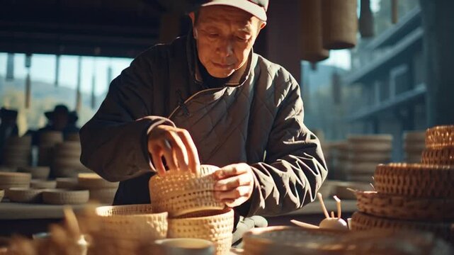 Man crafting traditional woven basket in workshop