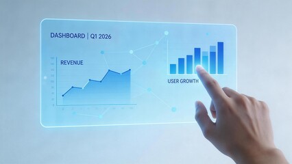 Hand interacting with digital business dashboard