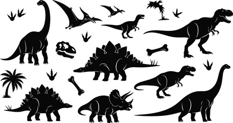 Dinosaur silhouette illustration set, multiple black icons stegosaurus tyrannosaurus brachiosaurus velociraptor triceratops pterosaur footprints bones skull palm tree design, vector artwor © SHAHARIAR