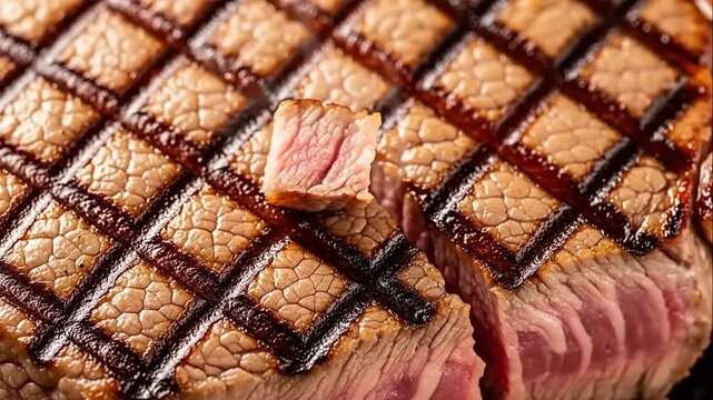 Grilled steak with charred grid pattern.