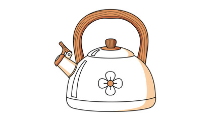 Obraz premium A charming white kettle with a warm brown wooden handle, subtly adorned with a simple flower design, perfect for boiling water.