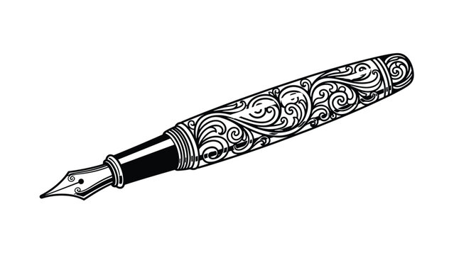 A meticulously detailed black and white illustration of an antique fountain pen, featuring exquisite and ornate scrollwork designs.