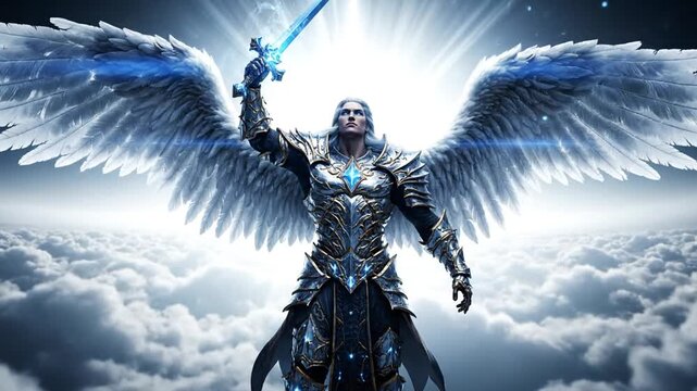 angel warrior in armor with sword and wings in the clouds