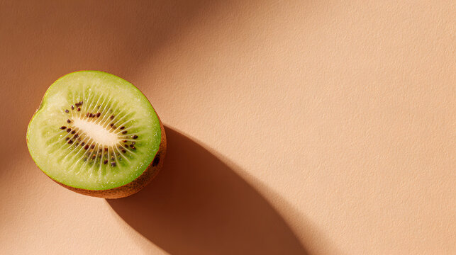 Fresh kiwi half casting long shadow on peach background with soft light and minimal composition