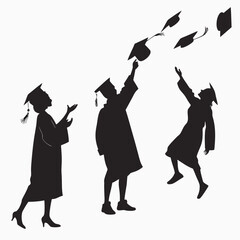 Black silhouettes of people throwing graduation caps