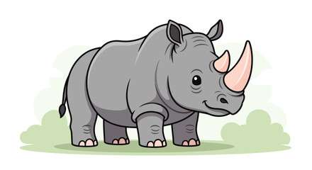 Obraz premium Cute cartoon rhinoceros standing on grass with a friendly expression.