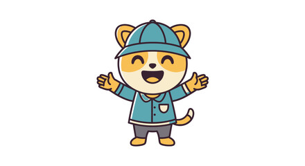 Cute cartoon cat character wearing a blue cap and shirt with arms wide open.