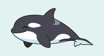 Cute cartoon illustration of a smiling orca whale swimming in the ocean. © nazron