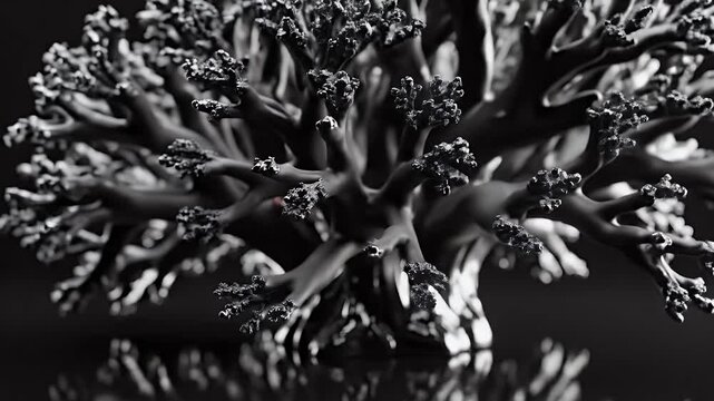 A grayscale macro of a multi-branched structure with textured tips, possibly a coral