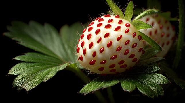 White strawberry with red seeds green leaf close up, pale fruit with glossy red achenes and textured foliage, macro natural still life