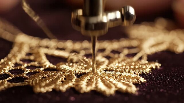 A sewing machine needle stitches gold thread onto a floral fabric design. Close-up, detailed view