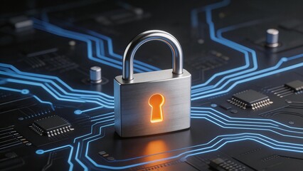 Padlock on circuit board with glowing lines