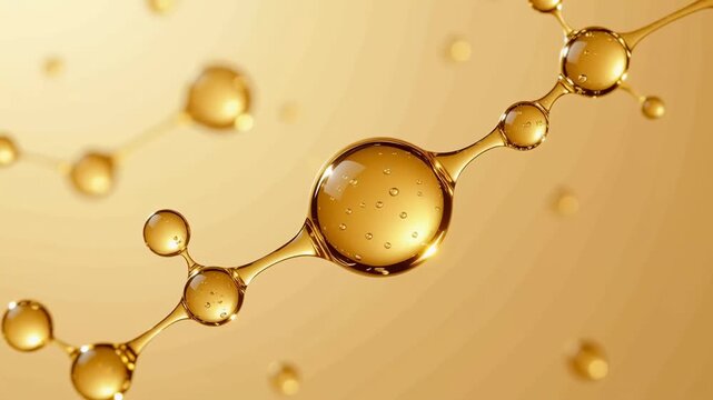HMR Lignan - Close-up of golden molecular structure with interconnected spheres, symbolizing scientific or cosmetic liquid compounds.