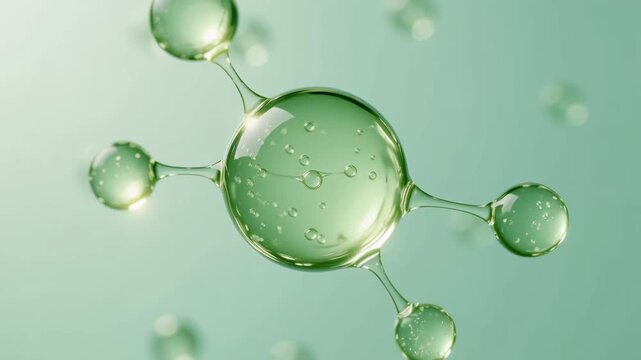 L-Theanine - Close-up 3D rendering of interconnected green translucent spheres representing molecules or molecular structure on a soft green background.