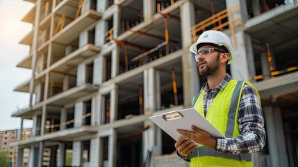 Professional Construction Supervisor Conducting Site Inspection with Clipboard at Commercial Building Project